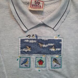 Vintage Morning Sun Birds Chickadee Sparrow Collared Sweatshirt